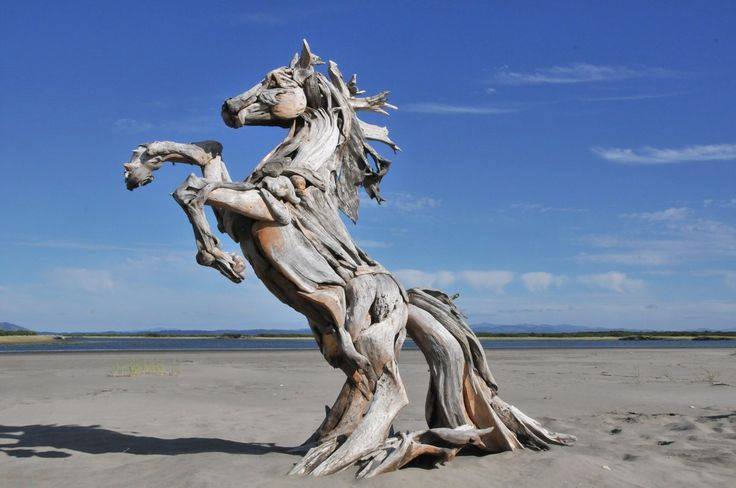 A life-sized sculpture of a horse made entirely of driftwood. Created by James Doran-Webb.